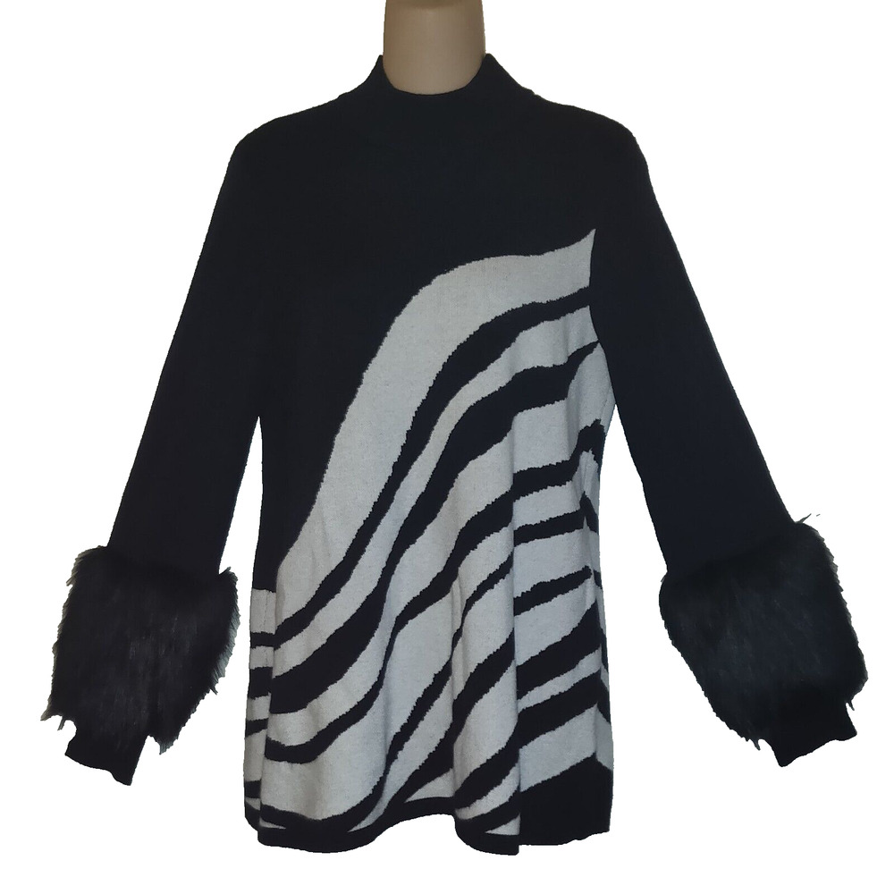 Alfani Black White Sweater Sz M MEDIUM Faux Fur Cuffs High Neck Zebra FUNKY